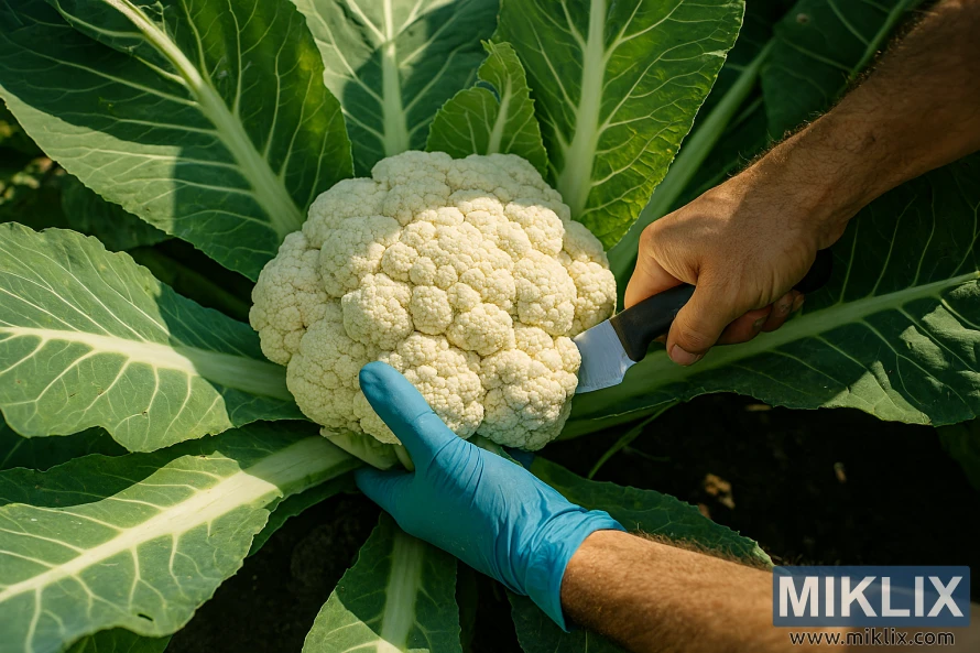 Jardiner collint un cap de coliflor madur amb un ganivet i la tècnica de tall correcta