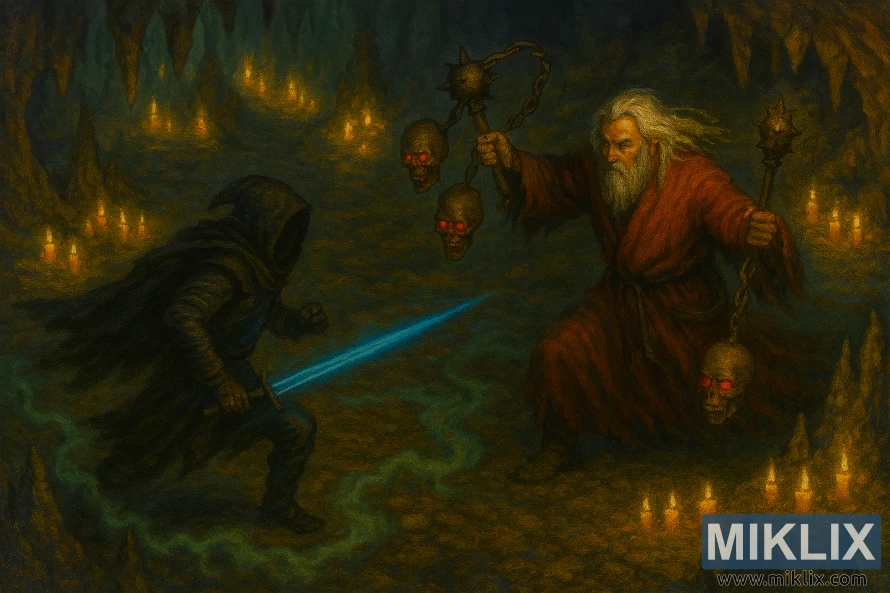 Semi-realistic Elden Ring fan art showing the Tarnished fighting Necromancer Garris in Sage's Cave Semi-realistic Elden Ring fan art showing the Tarnished fighting Necromancer Garris in Sage's Cave