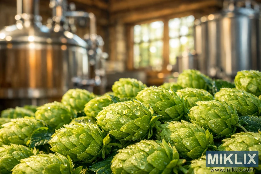 Close-up of fresh green hop cones with dew in the foreground, set against softly blurred brewing equipment and warm natural light in a rustic brewery.
