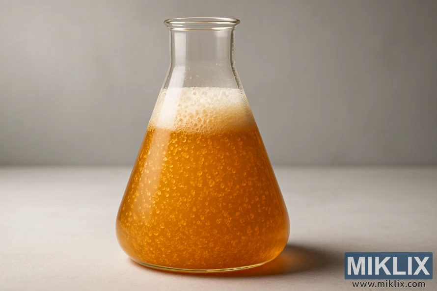 Klar Erlenmeyer-kolbe med gyllen-ravfarget gjæringsvæske på en ren grå bakgrunn.