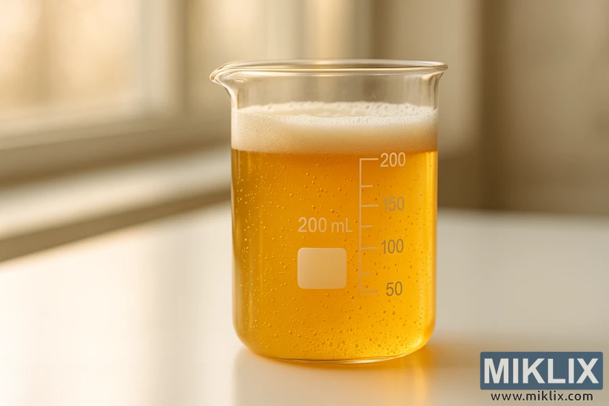 വെളുത്ത പ്രതലത്തിൽ സ്വർണ്ണനിറത്തിലുള്ള എഫെർവെസെന്റ് ദ്രാവകം നിറച്ച ഗ്ലാസ് ബീക്കർ, അടുത്തുള്ള ജനാലയിൽ നിന്ന് ചൂടുള്ള സ്വാഭാവിക സൂര്യപ്രകാശത്തിൽ കുമിളകൾ ഉയർന്നുവരുന്നു.