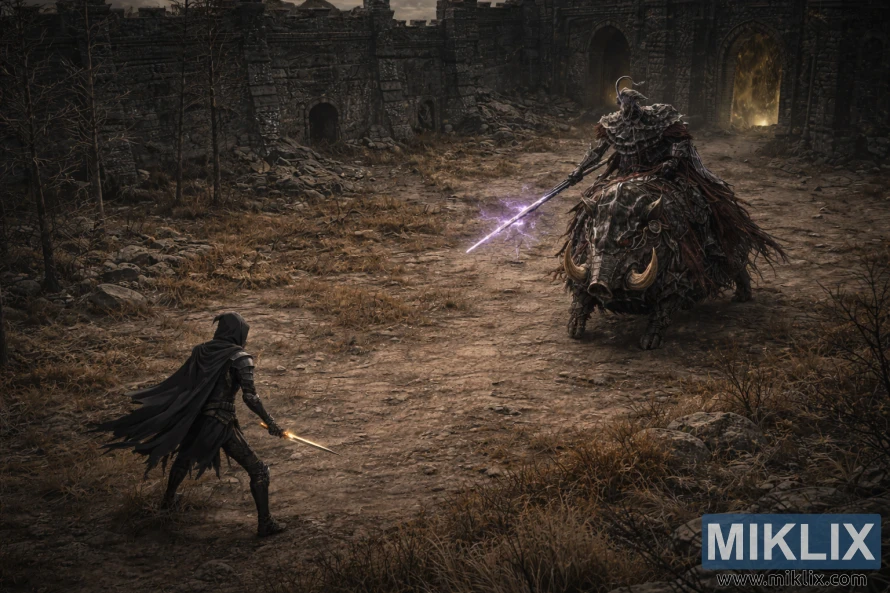 Elevated isometric view of the Tarnished in Black Knife armor facing Commander Gaius mounted on an armored boar within the ruins of Scaduview before battle.