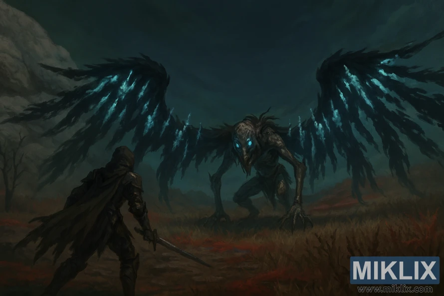 Anime-style fan art of the Tarnished in Black Knife armor facing the Death Rite Bird boss in Caelid from Elden Ring: Shadow of the Erdtree.