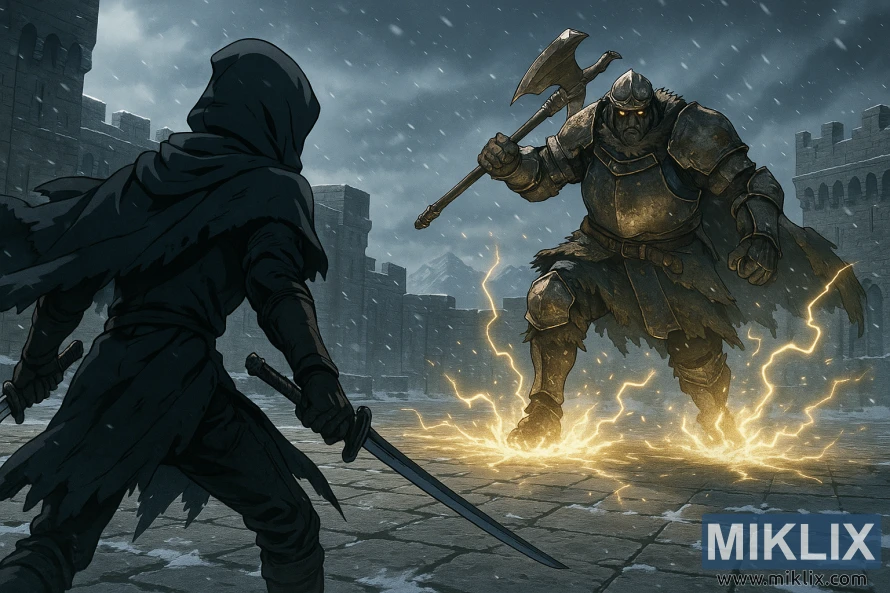 Scena u anime stilu u kojoj se oklopljeni ratnik Crnog Noža suočava sa Zapovjednikom Niallom u snježnom dvorištu Zamka Sol. Scena u anime stilu u kojoj se oklopljeni ratnik Crnog Noža suočava sa Zapovjednikom Niallom u snježnom dvorištu Zamka Sol.