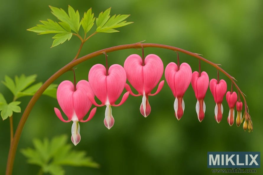 Old-Fashioned Bleeding Heart plant with pink heart-shaped flowers hanging from a curved reddish stem against a green background. Old-Fashioned Bleeding Heart plant with pink heart-shaped flowers hanging from a curved reddish stem against a green background.