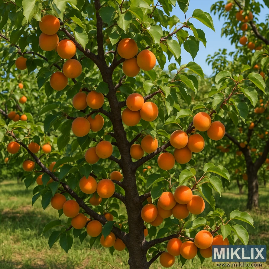 Un abricotier de Moorpark croulant sous le poids d'abricots orange mûrs, dans un verger ensoleillé aux feuilles vertes et sous un ciel d'un bleu limpide.