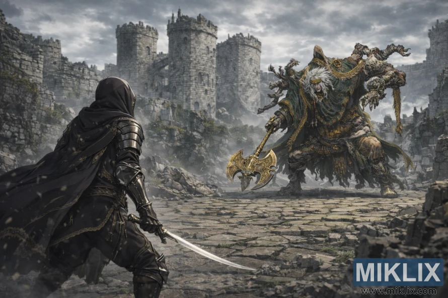 Wide anime-style view of Stormveil Castle’s ruined courtyard: the Tarnished in dark hooded armor is on the left from behind, facing Godrick the Grafted on the right with an ornate golden axe and many grafted arms. Wide anime-style view of Stormveil Castle’s ruined courtyard: the Tarnished in dark hooded armor is on the left from behind, facing Godrick the Grafted on the right with an ornate golden axe and many grafted arms.