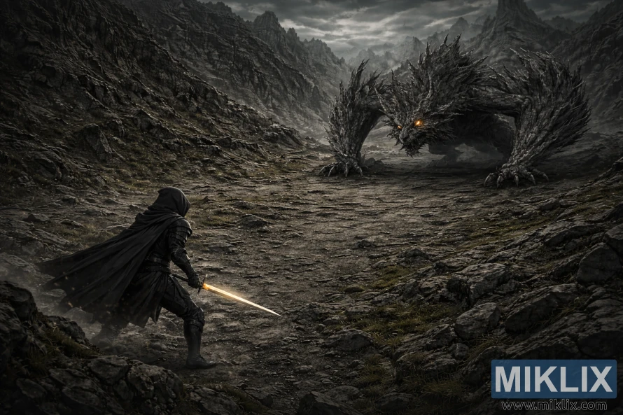 Isometric dark fantasy view of the Tarnished holding a glowing sword considered from above, facing a massive jagged beast across a barren, rocky mountain pass.