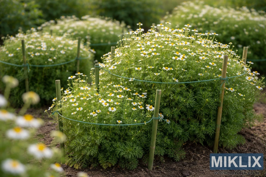 Dense chamomile plants with white and yellow flowers supported by bamboo stakes and green twine in a sunlit garden bed.