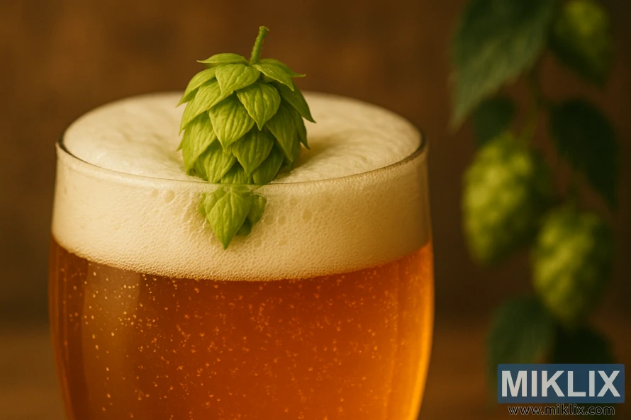 Close-up of a golden-amber craft beer with a green Cobb hop cone resting on the frothy head in warm taproom lighting. Close-up of a golden-amber craft beer with a green Cobb hop cone resting on the frothy head in warm taproom lighting.
