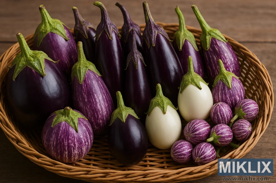 A rustic basket filled with freshly harvested eggplants of various shapes, sizes, and colors.