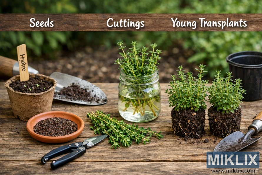 Outdoor photo showing thyme propagation using seeds in soil, cuttings rooting in water, and young thyme transplants with exposed roots on a wooden table