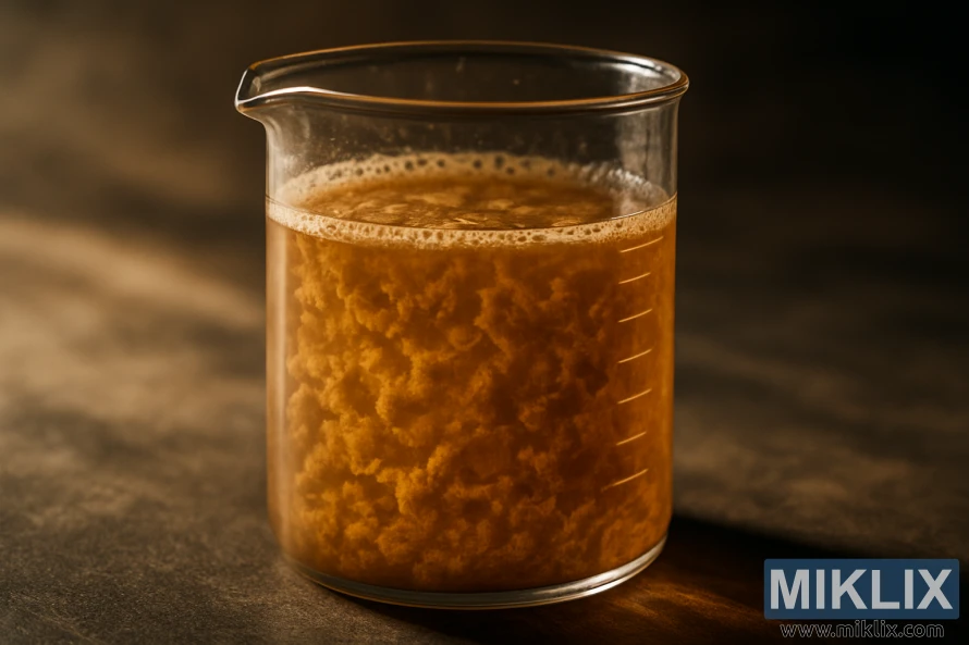 Begerglass med uklar gyllen væske som viser klumper av flokkulerende ølgjær Begerglass med uklar gyllen væske som viser klumper av flokkulerende ølgjær