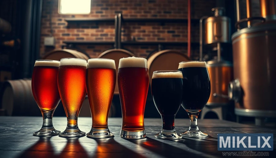 Piva od karamel slada u jantarnim, kestenjastim i bakrenim nijansama s bačvama i kotlovima u rustikalnoj pivovari.