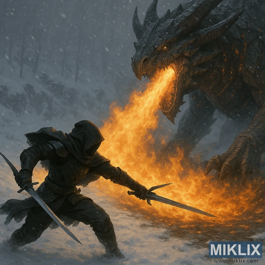 En närbild på en huvklädd krigare som svänger två svärd medan han undviker eld från en magmaorm. En närbild på en huvklädd krigare som svänger två svärd medan han undviker eld från en magmaorm.