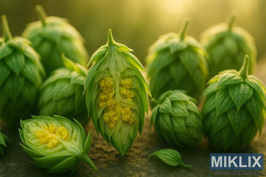 Nærbilde av friske humlekongler fra Pacific Jade med glødende grønn farge og synlige lupulinkjertler under varmt bakgrunnsbelysning.