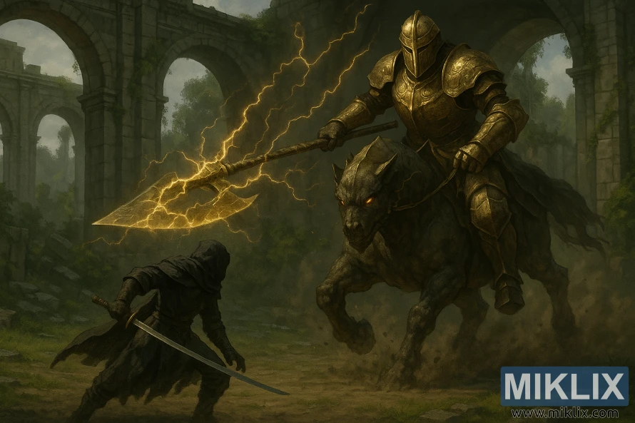 भग्नावशेष मेहराबहरू बीच बिजुलीले माला लगाएको हलबर्ड बोकेर ढुङ्गाको घोडामा चढेको अग्लो ड्र्याकोनिक ट्री सेन्टिनेलको सामना गर्दै कटानाको साथ कलंकितको यथार्थपरक एल्डेन रिंगबाट प्रेरित दृश्य।