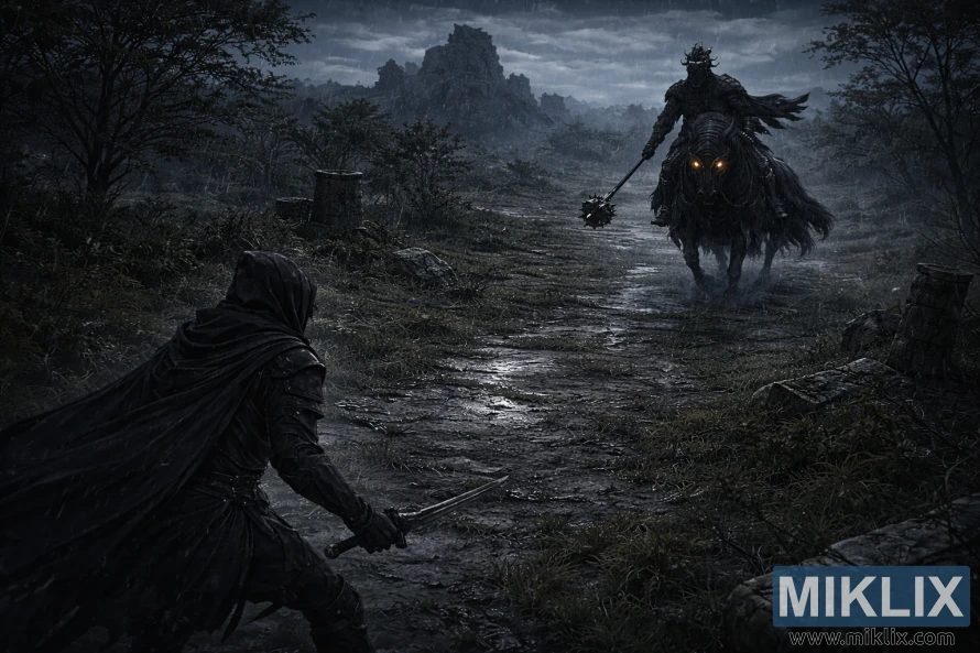Dark fantasy isometric view of a cloaked warrior facing a mounted armored knight with a flail on a rainy ruined battlefield at night.