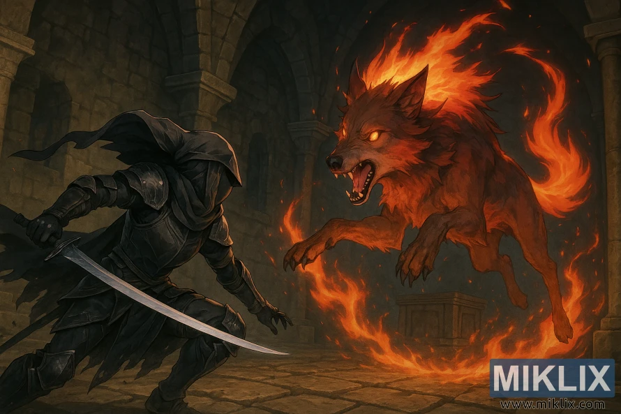 Anime-style scene of a Tarnished in Black Knife armor battling the flaming Red Wolf inside Gelmir Hero’s Grave.