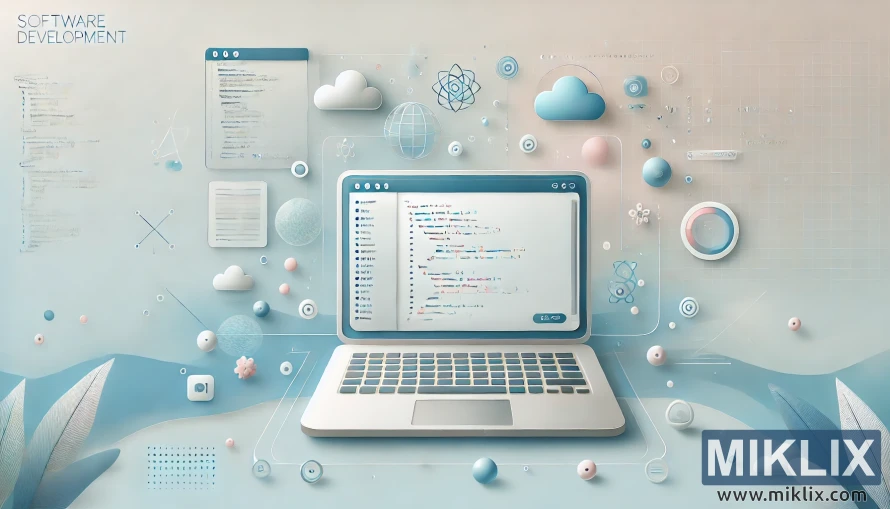 This digital illustration represents the concept of software development in a modern, abstract style. At the center is an open laptop displaying code on its screen, with syntax highlighted in various colors to suggest active programming. Surrounding the laptop are floating interface elements, such as windows with text, icons, diagrams, and snippets of code, symbolizing development tools and processes. The background features a soft pastel palette of blues, whites, and light grays, creating a futuristic and clean atmosphere. Clouds, geometric shapes, spheres, and network-like connections hover around the scene, suggesting themes of cloud computing, data exchange, and interconnected systems. Subtle details like graphs, charts, and 3D wireframe globes emphasize analysis, structure, and global connectivity. The words "SOFTWARE DEVELOPMENT" appear at the upper left, reinforcing the theme. The overall composition conveys innovation, collaboration, and the dynamic environment of coding and technology.