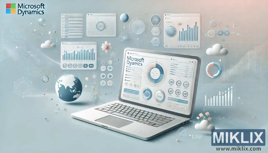 This digital illustration showcases the concept of business intelligence and enterprise resource planning (ERP) using Microsoft Dynamics. At the center is an open laptop with its screen displaying the Microsoft Dynamics interface, featuring dashboards, circular charts, and analytics panels. Surrounding the laptop are various floating data visualizations, including bar charts, pie charts, graphs, and hexagonal icons, symbolizing financial insights, performance tracking, and integrated business processes. A stylized globe sits to the left, representing global connectivity and operations. The soft pastel background in shades of blue, gray, and white conveys a clean, futuristic, and professional feel, while floating clouds and abstract geometric shapes suggest digital transformation and cloud-based solutions. The Microsoft Dynamics logo appears in the upper left corner, reinforcing the theme of enterprise software. The overall composition communicates innovation, efficiency, and the power of data-driven decision-making in modern business management.