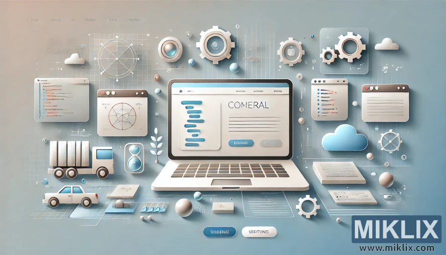 This digital illustration visually represents the concept of technical guides and process documentation in a modern, abstract style. At the center is an open laptop displaying structured text and diagrams, symbolizing digital manuals or step-by-step guides. Surrounding the laptop are multiple floating interface windows showing charts, graphs, flow diagrams, and snippets of structured information, highlighting different aspects of instructions and technical workflows. Gears, cogs, and mechanical elements emphasize system processes, automation, and the mechanics of implementation, while icons of trucks, cars, and logistics suggest practical applications in operations or supply chain management. Clouds and network-like connections symbolize cloud storage, online accessibility, and interconnected systems. The background in soft shades of blue and beige creates a clean, professional, and futuristic tone. Overall, the composition conveys guidance, structure, and efficiency, reflecting how technical guides provide clarity for complex processes and systems.