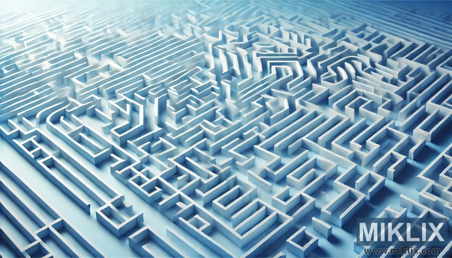 This digital illustration depicts a vast, intricate maze stretching across the entire frame, symbolizing complexity, problem-solving, and exploration. The labyrinth is composed of high, white walls with sharp geometric angles, casting subtle shadows that enhance its three-dimensional depth. The design features countless paths, dead ends, and sharp turns, evoking the challenge of navigation and the search for solutions within structured constraints. The perspective of the image fades into the distance, suggesting an endless expanse of corridors and choices, emphasizing the overwhelming nature of puzzles and decision-making processes. The cool blue and white color scheme creates a calm yet abstract atmosphere, reinforcing the idea of intellectual challenge rather than a physical or threatening environment. This maze can be interpreted as a metaphor for life’s obstacles, strategic thinking, or technical problem-solving, capturing both the frustration and fascination of navigating through complex systems.