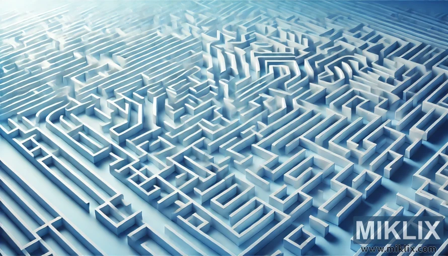 Intricate 3D maze with white walls and endless winding paths fading into the distance.