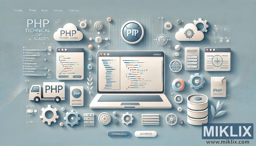 This digital illustration highlights the concept of PHP development and technical guides in a clean, abstract style. At the center is a laptop with its screen displaying lines of PHP code, symbolizing active programming and coding tutorials. Surrounding the laptop are floating interface windows, code snippets, charts, gears, and cloud icons, representing the diverse aspects of PHP such as backend development, server-side scripting, and database integration. Various symbols, including stacked databases, a delivery truck labeled "PHP," and process gears, emphasize PHP’s role in powering web applications, handling data, and driving automation. The inclusion of clouds and network-like diagrams suggests cloud computing, hosting environments, and scalable solutions. The PHP logo is prominently displayed multiple times across the illustration, reinforcing the theme. The background, in muted shades of blue and gray, adds a professional and futuristic feel, conveying structure, innovation, and the systematic nature of PHP development and technical documentation.