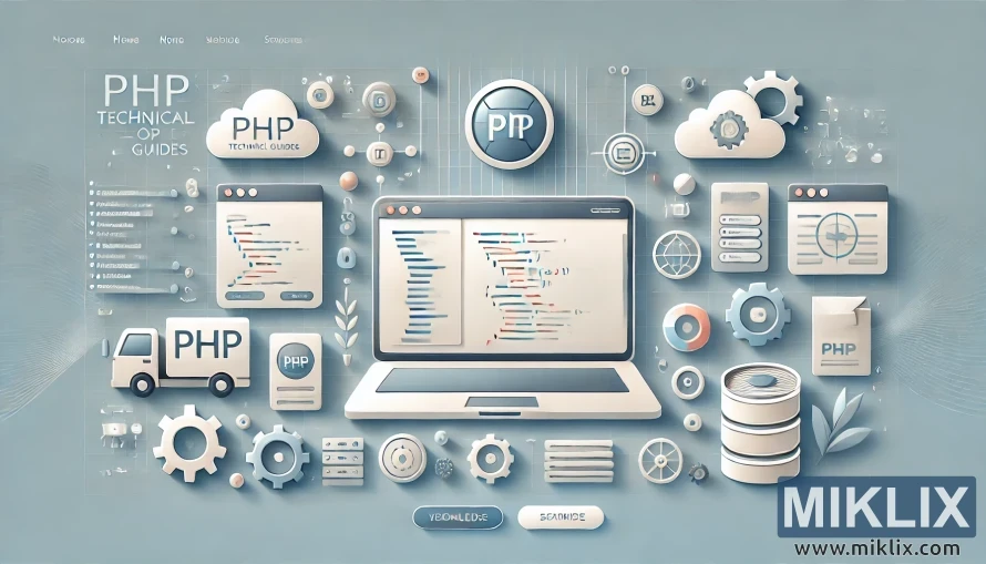 Laptop with PHP code, gears, databases, and cloud icons symbolizing PHP development and backend programming.