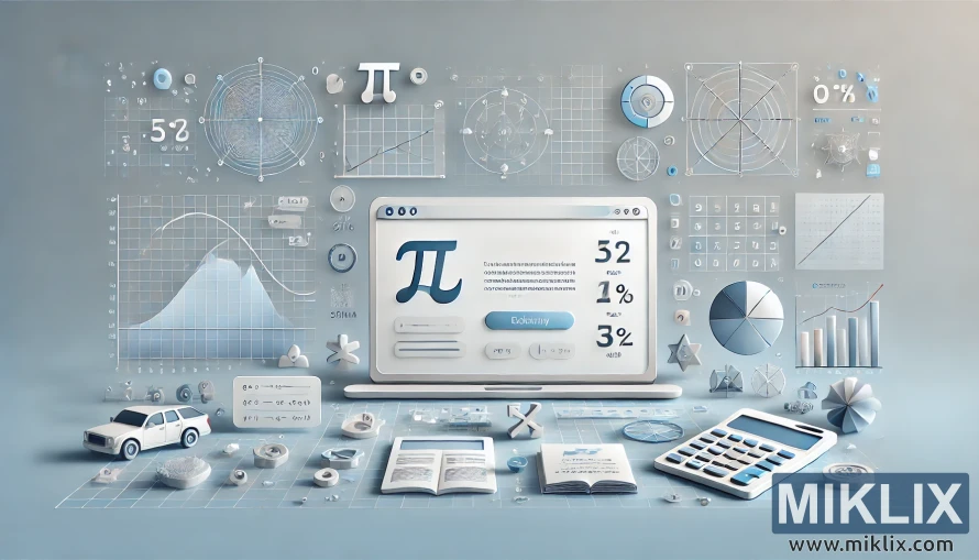 This digital illustration portrays the concept of online calculators and mathematical tools in a modern, abstract style. At the center is a large laptop screen featuring the mathematical symbol π (pi), alongside numerical data and formulas, symbolizing the use of digital platforms for performing calculations. Surrounding the laptop are multiple graphs, charts, and mathematical diagrams, including pie charts, bar graphs, polar coordinate systems, and plotted curves, representing diverse functions of online calculators, from basic arithmetic to advanced statistical and scientific applications. Objects such as an open book, a calculator, and geometric models emphasize the educational and technical aspect, highlighting how these tools assist students, professionals, and researchers. A toy-like car and scattered numerical elements add a touch of abstraction while reinforcing practical, real-world problem-solving applications. The soft blue-gray color palette creates a clean and futuristic tone, symbolizing accessibility, precision, and the efficiency of web-based calculators.