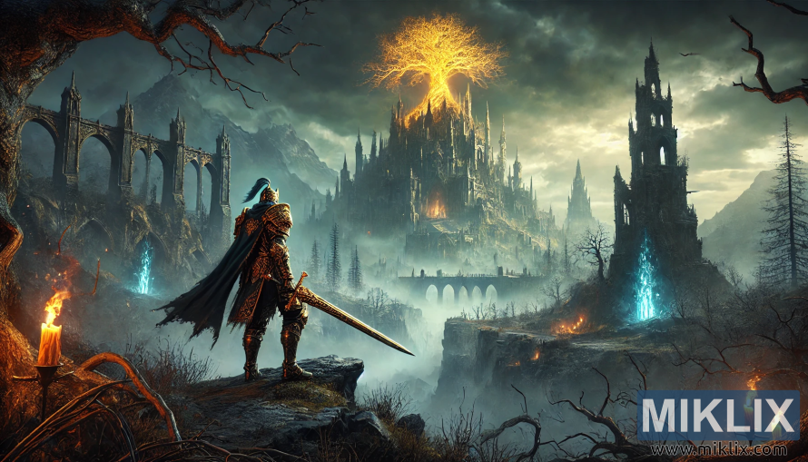 This image is a fantasy artwork inspired by Elden Ring: Shadow of the Erdtree Edition, capturing the epic and mysterious tone of the game. At the forefront, a lone armored warrior stands on a cliff, sword in hand, gazing toward a grand gothic city crowned by the radiant, golden Erdtree that dominates the skyline. The Erdtree glows brilliantly against the stormy, cloud-filled sky, symbolizing divine power and central lore. The landscape is dark and foreboding, filled with ruined towers, jagged mountains, and twisted trees, reinforcing the themes of decay and peril. Bridges and stone arches stretch across deep chasms, emphasizing the vast and interconnected world players must traverse. Blue magical lights glow from portals or spirits within the ruins, hinting at mystical forces and secrets awaiting discovery. In the foreground, a burning torch adds warmth against the otherwise bleak setting. This artwork conveys the haunting beauty, scale, and sense of destiny central to Elden Ring: Shadow of the Erdtree.