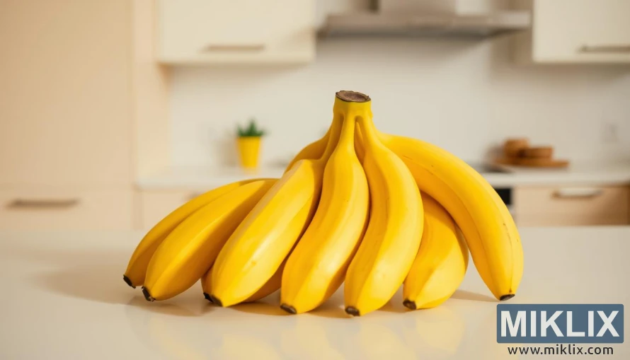 A tidy arrangement of ripe, yellow bananas neatly placed on a clean, white countertop, their curved forms casting soft shadows. The lighting is warm and diffuse, accentuating the fruit's alluring sheen. In the background, a minimalist kitchen with clean lines and neutral tones provides a serene, uncluttered backdrop, emphasizing the bananas' effortless convenience. The composition is balanced and harmonious, suggesting the versatility and ease of incorporating these nutritious fruits into one's daily routine.