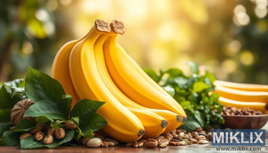 A vibrant and appetizing still-life depicting the health benefits of bananas. In the foreground, a cluster of ripe, yellow bananas arranged with fresh green leaves, conveying a sense of natural vitality. The middle ground features a variety of supplementary ingredients associated with the nutritional advantages of bananas, such as nuts, seeds, and leafy greens. The background is softly blurred, placing the focus on the central subject while hinting at a serene, sunlit setting. The lighting is warm and natural, accentuating the golden tones of the bananas and creating a harmonious, inviting atmosphere. Captured with a shallow depth of field using a high-quality macro lens to capture intricate details.