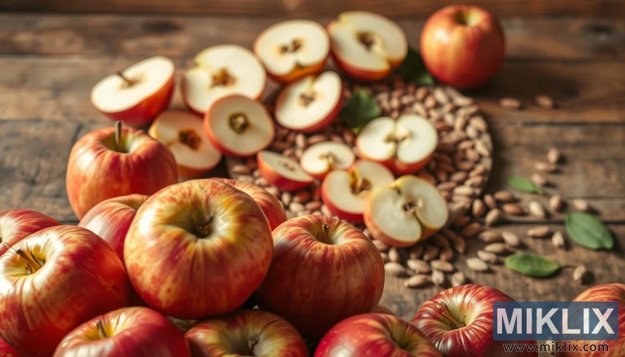 A vibrant, still-life scene capturing the health benefits of eating apples. In the foreground, a pile of crisp, juicy red apples, their skins glistening under warm, natural lighting. In the middle ground, various sliced apples arranged to reveal their juicy, nutritious interiors, surrounded by a scattering of apple seeds and leaves. The background features a rustic wooden table, complemented by a soft, earthy color palette that evokes a sense of nourishment and vitality. The composition is balanced and inviting, drawing the viewer's attention to the apples' vibrant colors, textures, and the abundant health benefits they represent.