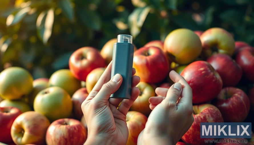 A vibrant still life composition showcasing a bountiful display of red and green apples, their crisp skins glistening under warm, natural lighting. In the foreground, a pair of human hands gently hold an inhaler, symbolizing the respiratory health benefits of the apples. The mid-ground features a backdrop of blurred foliage, evoking a serene, outdoor setting. The overall atmosphere conveys a sense of harmony between the apples, the inhaler, and the natural environment, highlighting the connection between apple consumption and improved respiratory function.
