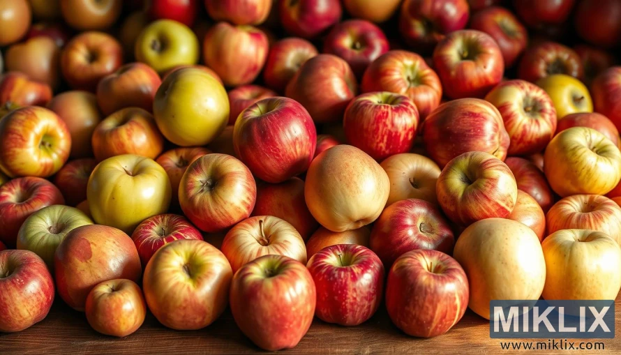 A bountiful display of diverse apple varieties rests on a rustic wooden tabletop. The warm, natural lighting casts a soft glow, highlighting the vibrant hues and distinct shapes of each apple. In the foreground, a selection of classic red delicious, golden delicious, and Gala apples intermingle with lesser-known cultivars such as Fuji, Honeycrisp, and Pink Lady. Midground showcases a variety of green-skinned apples, including Granny Smith and Mutsu, while the background features deep red, almost purple-hued heirloom apples, their unique characteristics captured in striking detail. The composition evokes a sense of abundance, diversity, and the natural beauty of this versatile fruit.