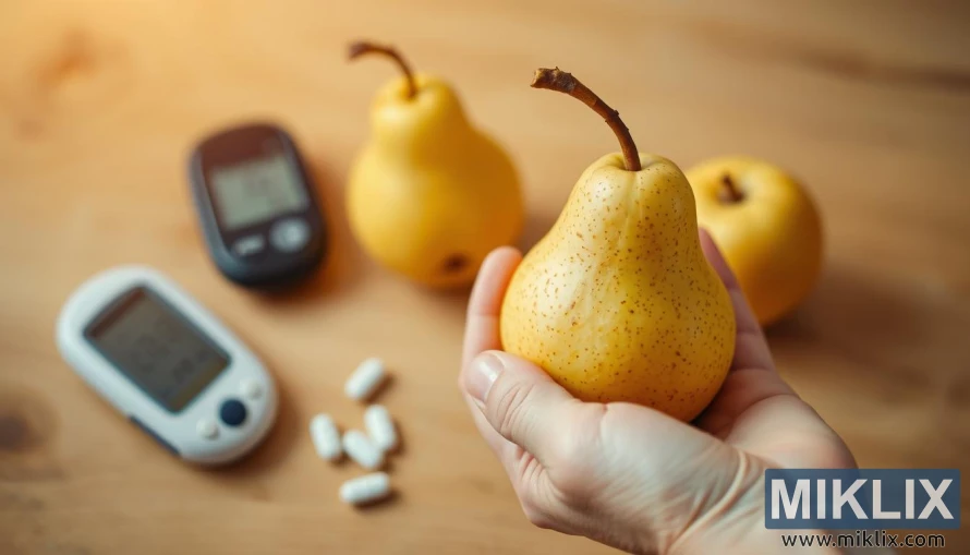 A warm-toned, high-resolution photograph of a human hand holding a fresh pear, with the pear situated in the foreground. The hand appears to be gently grasping the pear, symbolizing the relationship between pears and diabetes management. In the middle ground, a digital glucose meter and a few pills are visible, further emphasizing the connection. The background is softly blurred, creating a sense of focus on the central elements. The overall composition conveys a sense of balance, care, and the potential health benefits of incorporating pears into a diabetes management routine.