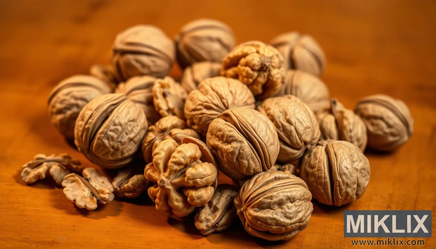 A beautifully lit still life arrangement depicting an assortment of fresh, organic walnuts in their shells, resting on a warm-toned wooden surface. The walnuts are arranged in a visually appealing manner, with some halves and whole nuts creating a sense of depth and texture. The lighting casts a soft, golden glow, emphasizing the natural beauty and rich hues of the walnuts. The composition is balanced, allowing the viewer to focus on the individual details and characteristics of the walnuts, showcasing their nutritional value and health benefits.