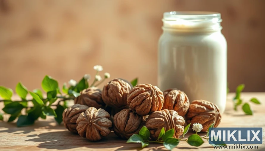 A warm, earthy-toned composition showcasing the gut health benefits of walnuts. In the foreground, a cluster of shelled walnuts nestled on a wooden table, their intricate patterns and rich brown hues standing out against a soft, textured background. Surrounding the walnuts, green leafy vines and delicate flowers symbolize the nourishing, probiotic properties of these nuts. Diffused natural lighting casts gentle shadows, creating depth and a sense of balance. In the midground, a transparent glass jar filled with a probiotic-rich walnut-based yogurt or kefir drink, its creamy texture and off-white color complementing the earthy tones. The background features a soothing, out-of-focus landscape, hinting at the holistic wellness benefits of incorporating walnuts into a balanced diet.