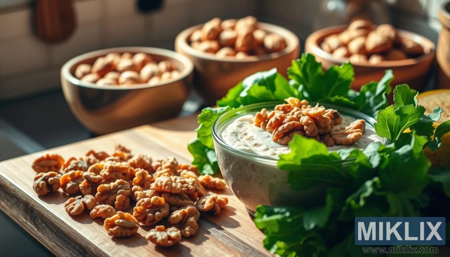 Delectable walnuts in a sun-dappled kitchen, nestled among fresh produce and kitchen utensils. A wooden cutting board showcases sliced walnuts, their rich brown hues contrasted by vibrant greens of leafy salad. Nearby, a bowl of oatmeal or yogurt is garnished with a generous sprinkle of crunchy walnuts. Warm, diffused lighting casts a cozy glow, highlighting the natural textures and colors. In the background, a bowl of whole walnuts sits atop a rustic shelf, complemented by other wholesome pantry items. The scene conveys the effortless incorporation of nutrient-dense walnuts into a balanced, health-conscious daily routine.