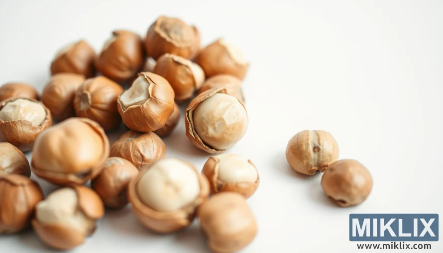 A close-up photograph of a handful of fresh, organic hazelnuts against a clean, white background. The hazelnuts are shown in vibrant detail, with their warm, golden-brown shells and soft, nutty interiors visible. The lighting is soft and diffused, creating a warm, inviting atmosphere. The image is captured with a macro lens, emphasizing the texture and individual characteristics of each nut. The overall composition is simple and minimalist, allowing the hazelnuts to be the sole focus, highlighting their health benefits and natural beauty.