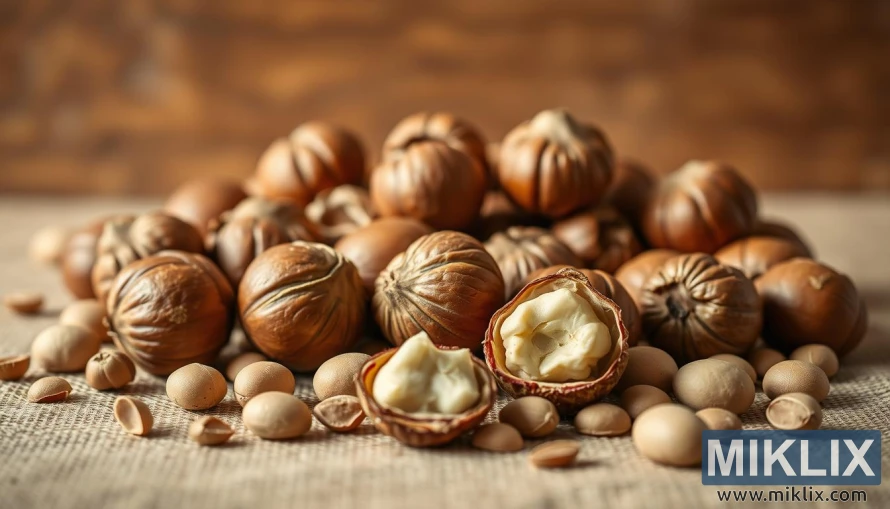 A still life featuring a beautifully arranged assortment of hazelnuts, their rich brown shells and soft, creamy interiors set against a warm, natural backdrop. Soft, diffused lighting casts gentle shadows, highlighting the intricate textures and inviting the viewer to appreciate the visual and tactile qualities of these nutritious nuts. In the foreground, a few cracked hazelnuts reveal their succulent kernels, while in the middle ground, a scattering of whole nuts creates a sense of abundance. The background features a rustic, earthy tone, perhaps a wooden surface or a neutral-colored fabric, lending an air of simplicity and wellness. The overall composition conveys the health benefits of hazelnuts through their natural, wholesome presentation.