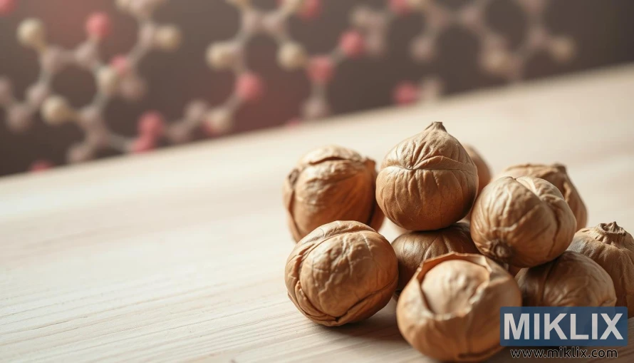 A close-up shot of several shelled hazelnuts resting on a light-colored wooden surface, with a soft focus on the nuts' intricate textures and warm, earthy tones. In the background, a hazy, blurred representation of the molecular structures associated with the anti-inflammatory compounds found in hazelnuts, creating a subtle visual connection between the subject and its effects. The lighting is soft and diffused, illuminating the hazelnuts from multiple angles to accentuate their natural shapes and highlights. The overall atmosphere is one of quiet contemplation, inviting the viewer to consider the potential health benefits of this remarkable nut.