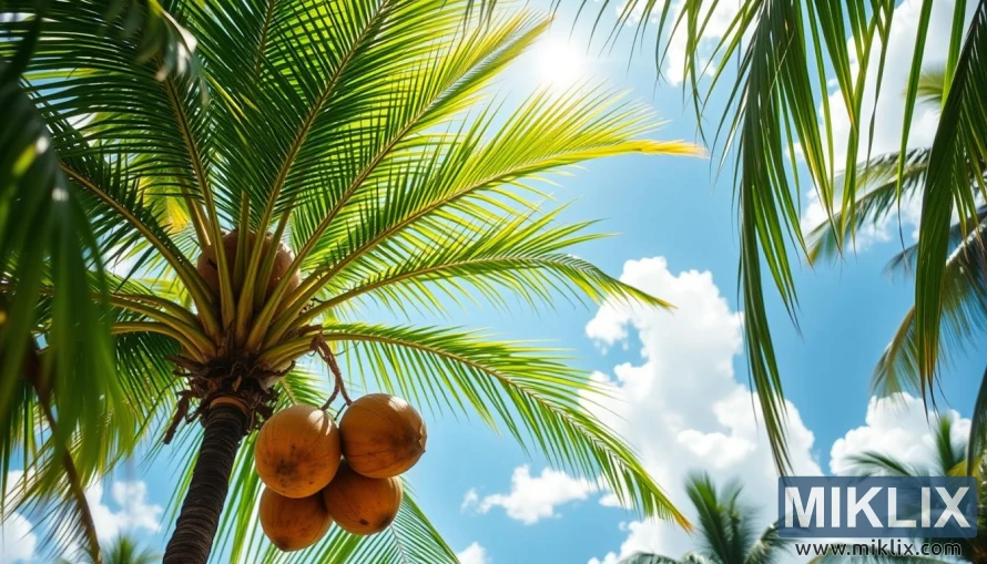 A lush tropical scene with a vibrant green coconut palm tree in the foreground, its fronds gently swaying in a soft breeze. Sunlight filters through the leaves, casting dappled shadows on the ground below. In the middle ground, a cluster of ripe coconuts hang from the tree, their thick brown husks contrasting with the bright green foliage. In the background, a stunning azure sky stretches out, dotted with fluffy white clouds. The overall mood is one of tranquility and health, inviting the viewer to appreciate the natural bounty and wellness benefits of the humble coconut.