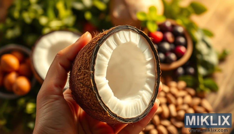 A closeup view of a hand holding a coconut slice, with its rich, creamy white flesh and dark brown outer shell. The coconut is positioned against a blurred background of various diabetes-friendly foods like leafy greens, berries, and nuts, symbolizing the blood sugar regulating properties of coconuts. Warm, golden lighting illuminates the scene, creating a serene, health-conscious atmosphere. The image is captured with a shallow depth of field, drawing the viewer's focus to the intricate details of the coconut slice.