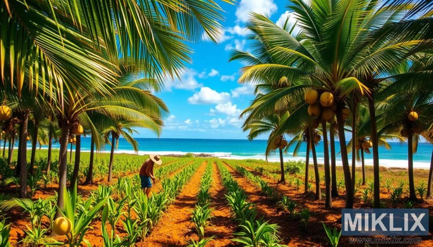 A lush, verdant coconut plantation stretches across the frame, with rows of swaying palms casting dappled shadows on the rich, loamy soil below. In the foreground, a farmer tends to the young coconut seedlings, their delicate fronds unfurling towards the warm, golden sunlight. In the middle ground, mature coconut trees stand tall, their heavy, ripe fruits dangling from the branches like clusters of ivory orbs. The background reveals a picturesque coastal landscape, with azure waves lapping against the sandy shore and a vibrant blue sky dotted with fluffy white clouds. The scene conveys a sense of harmony, where the symbiotic relationship between man and nature is celebrated, showcasing the sustainable practices of coconut cultivation.