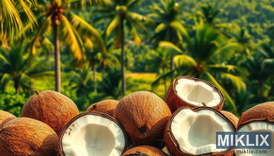 A vibrant and realistic image of a variety of fresh, whole coconuts arranged in the foreground, showcasing their distinct features such as the hairy brown exterior and the white flesh visible through the cracked shell. In the middle ground, a lush tropical landscape filled with palm trees and other verdant foliage, creating a tranquil and serene atmosphere. The background is illuminated by warm, natural lighting, casting a soft, golden glow over the scene and highlighting the health benefits of coconuts, such as their nutritional value, versatility, and association with a healthy, balanced lifestyle.