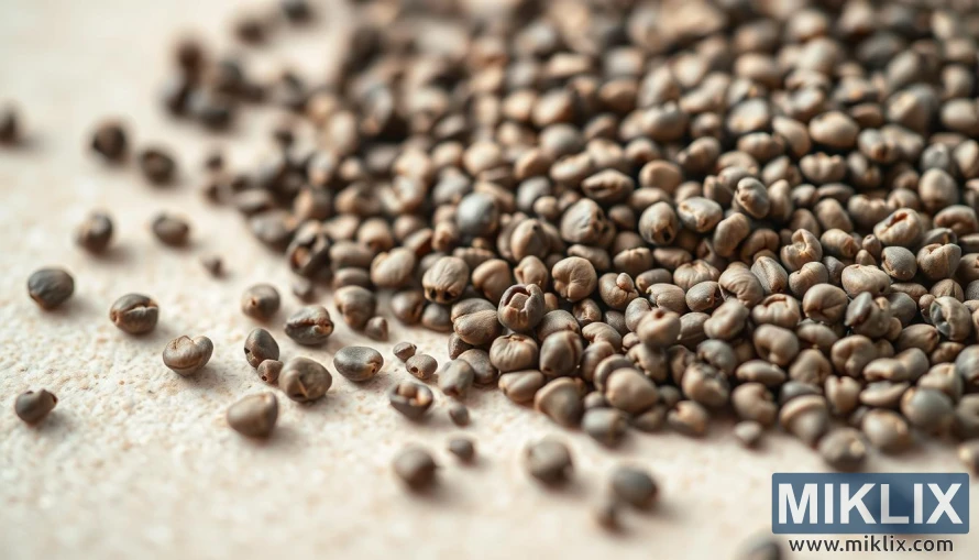 A close-up shot of several chia seeds, displayed on a neutral, light-colored surface. The chia seeds are shown in crisp, high-resolution detail, highlighting their distinctive black and white speckled appearance. The lighting is soft and diffused, creating a clean, natural aesthetic. The background is slightly out of focus, placing the emphasis on the chia seeds themselves. The overall composition is simple and minimalist, allowing the nutritional properties of the chia seeds to be the focal point of the image.