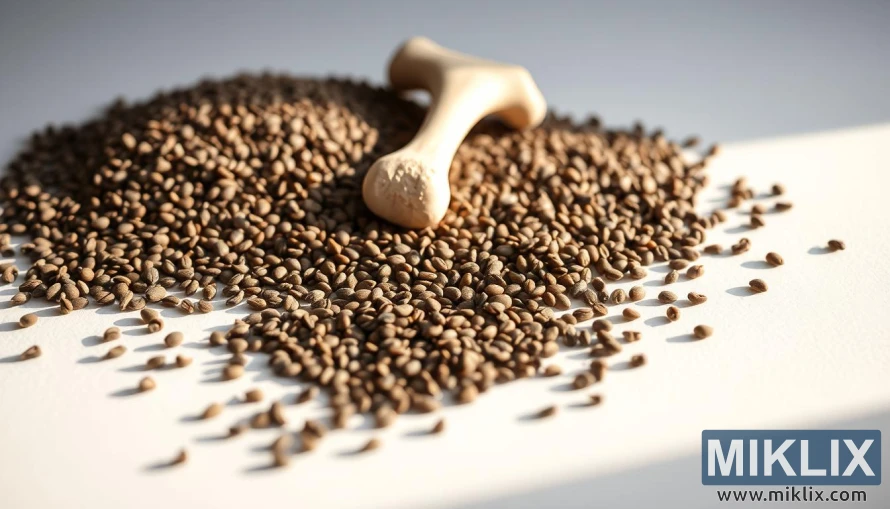 A close-up view of chia seeds arranged in a visually appealing composition, highlighting their textural details and vibrant colors. In the foreground, the chia seeds are scattered across a clean, minimalist surface, casting soft, natural shadows. In the middle ground, a section of human bone or skeletal structure is seamlessly integrated, suggesting the connection between chia seeds and bone health. The lighting is soft and diffused, creating a warm, inviting mood that emphasizes the nutritional and therapeutic aspects of the subject matter. The overall composition and lighting are designed to convey a sense of balance, harmony, and the beneficial relationship between chia seeds and bone health.
